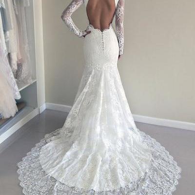 Elegant mermaid white lace long sleeves wedding dress - Thumbnail 4