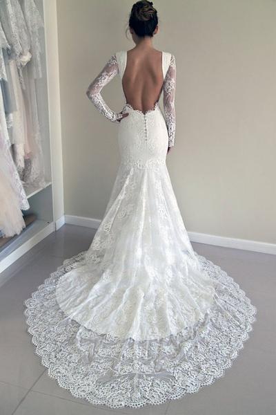 Elegant Mermaid White Lace Long Sleeves Wedding Dress