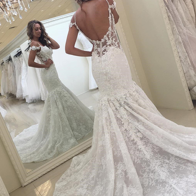 Elegant straps white lace mermaid long wedding dress - Thumbnail 5