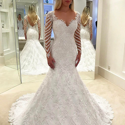 Fancy a-line long sleeves white long wedding dress - Thumbnail 5