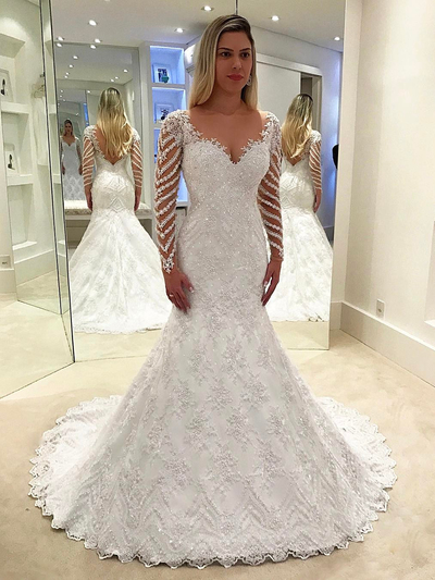 Fancy A-line Long Sleeves White Long Wedding Dress