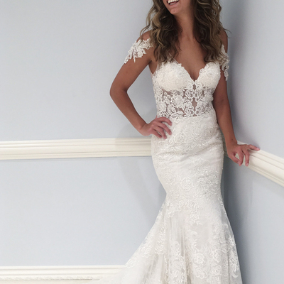 Fancy v neck lace long wedding dress with train - Thumbnail 5