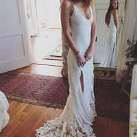 Gorgeous Straps White Lace Long Wedding Dress with Slit - Thumbnail 2