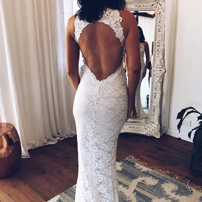 Sexy mermaid white lace mermaid long wedding dress with slit - Thumbnail 5