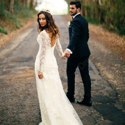 Sexy mermaid long sleeves white lace wedding dress - Thumbnail 5