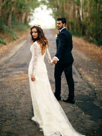 Sexy Mermaid Long Sleeves White Lace Wedding Dress