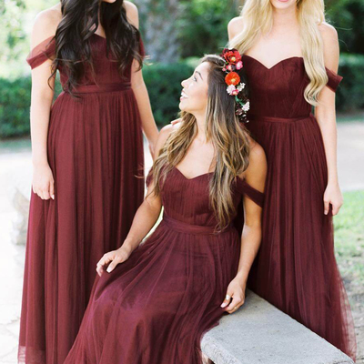 Gorgeous off the shoulder burgundy long bridesmaid dresses - Thumbnail 4