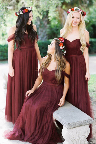 Gorgeous Off the Shoulder Burgundy Long Bridesmaid Dresses