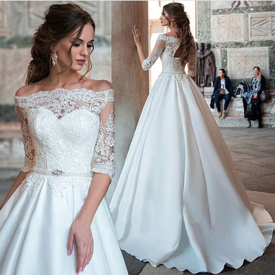 Elegant Ball Gown Half Sleeve White Lace Satin Off Shoulder Wedding Dress with Applique