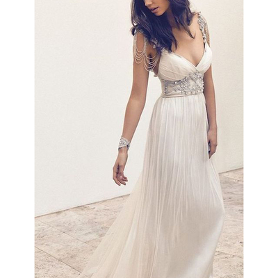 Elegant fashion v neck a line chiffon white beach wedding dress with beading - Thumbnail 4