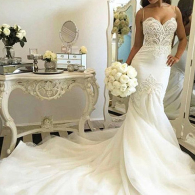 Delicate tulle lace spaghetti strap wedding dress court train wedding gowns bridal dresses - Thumbnail 5