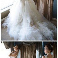 Glamorous Pearls Mermaid Wedding Dress Tulle Lace bridal dresses backless wedding gowns - Thumbnail 4