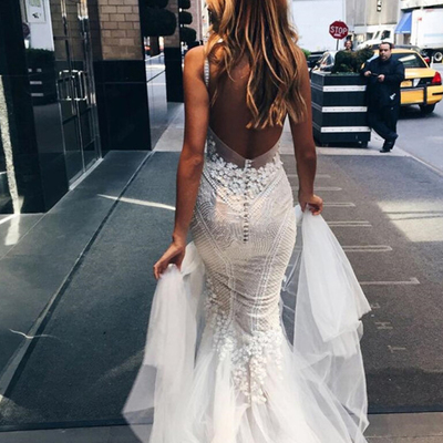 Appliques v-neck elegant mermaid open-back wedding dress - Thumbnail 5