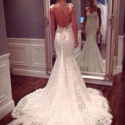 Spaghetti straps backless court train mermaid wedding dress with appliques - Thumbnail 3