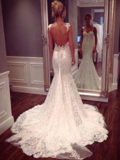 Spaghetti Straps Backless Court Train Mermaid Wedding Dress with Appliques