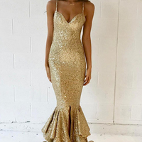 Golden Sequins Mermaid Strap Spaghetti Prom Dresses Red Carpet Fashion Evening Dress - Thumbnail 1