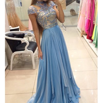 Delicate beading chiffon a-line prom dress cap sleeve sweep train lace evening dresses - Thumbnail 5
