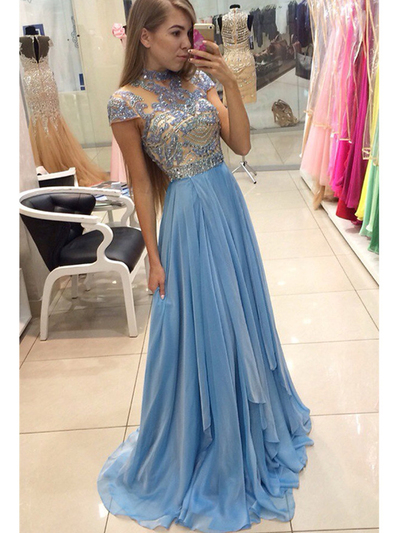 Delicate Beading Chiffon A-line Prom Dress Cap Sleeve Sweep Train Lace Evening Dresses