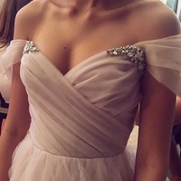 Elegant Off the Shoulder Tulle Prom Dress,Sexy Long Tulle Evening Gown,Cheap New Style Prom Gown - Thumbnail 1