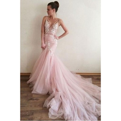 2018 Sexy Mermaid V Neck Backless Long Prom Dresses,Pink Evening Party Dresses