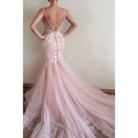 2018 Sexy Mermaid V Neck Backless Long Prom Dresses,Pink Evening Party Dresses - Thumbnail 1