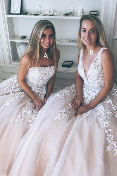 Princess A-line Tulle Long Prom Dress with White tulle Appliques Wedding Dress Hot