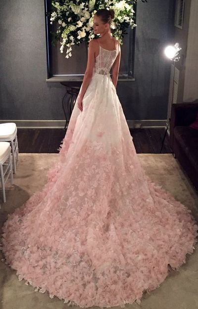 V-Neck Silk Organza Ball Gown Wedding Dress with Blush Ombre Floral