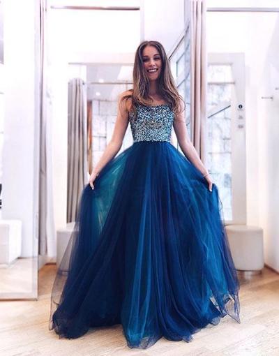Blue Sweetheart Neck Long Prom Dress,Evening Dress with Beading