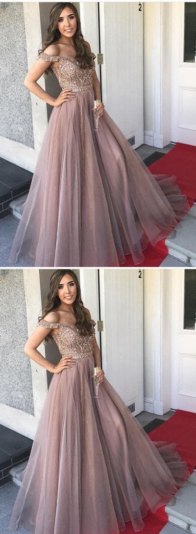 Gorgeous Off the Shoulder Long Prom Dresses with Beading