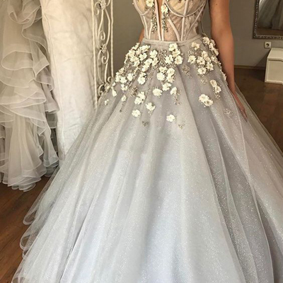 Gray tulle spaghetti straps sexy long prom dress,beaded evening dress with 3d flowers - Thumbnail 5