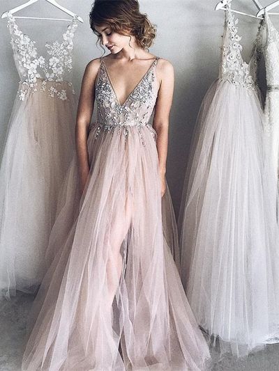 Chic Prom Dresses Spaghetti Straps A Line Floor-length Long Tulle Sexy Prom Dress