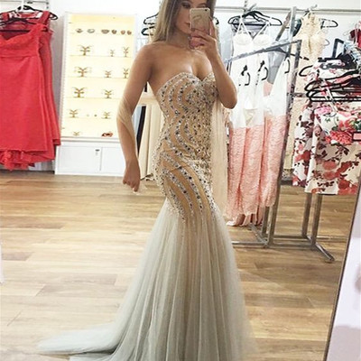 Mermaid sweetheart sweep train light champagne prom dress with beading - Thumbnail 5