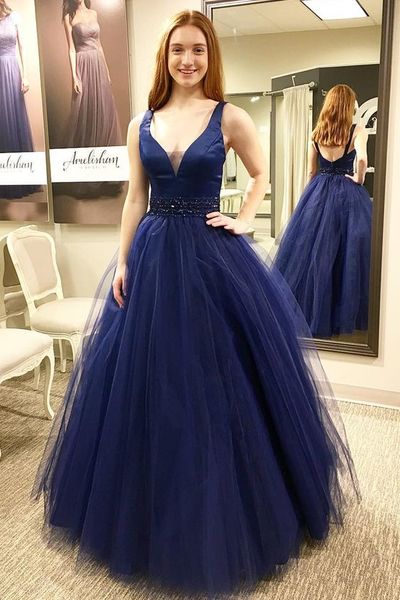 Gorgeous V Neck Navy Blue Long Prom Dress Evening Party Dresses