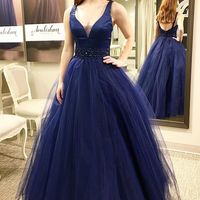 Gorgeous V Neck Navy Blue Long Prom Dress Evening Party Dresses - Thumbnail 1
