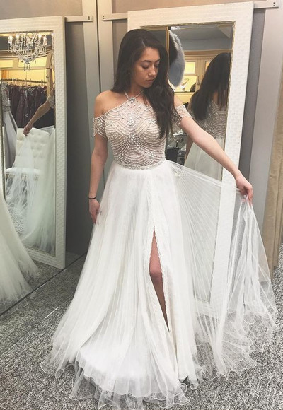 A-Line Halter Cold Shoulder White Prom Dress with Beading