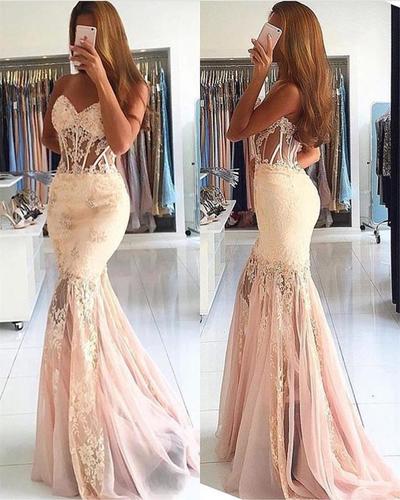 Elegant Lace Appliques Sweetheart See Through Corset Tulle Mermaid Prom Dresses