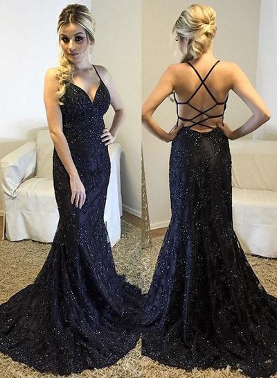 Sexy Black Lace V-Neck Long Prom Dress,Mermaid Evening Dress with Beading