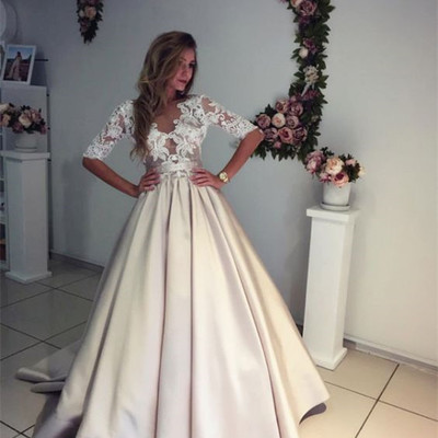 Gorgeous half sleeves a-line long light champagne prom dress - Thumbnail 5