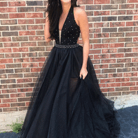 Black v neck tulle long prom dress, black evening dress - Thumbnail 1