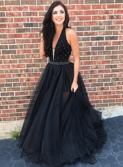 Black v neck tulle long prom dress, black evening dress