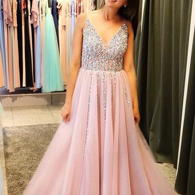 Shining tulle v-neck neckline a-line prom dresses with rhinestones - Thumbnail 5
