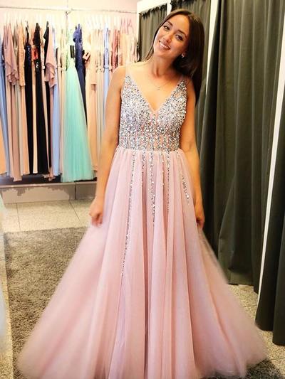 Shining Tulle V-neck Neckline A-line Prom Dresses With Rhinestones