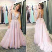 Shining Tulle V-neck Neckline A-line Prom Dresses With Rhinestones - Thumbnail 1