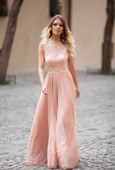 Elegant A-line Blush Pink Sleeveless Lace Prom/Evening Dresses
