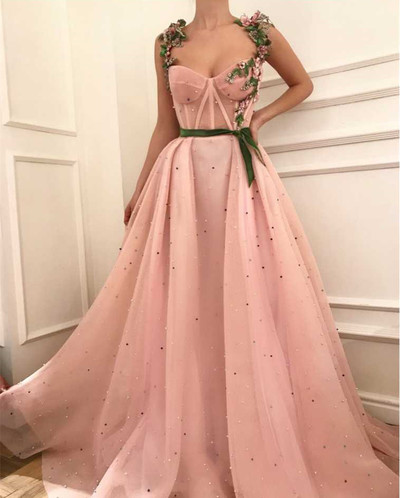 Sexy Tulle Applique with Green Belt,Beading Prom Dresses A-Line Evening Dresses
