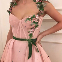 Sexy Tulle Applique with Green Belt,Beading Prom Dresses A-Line Evening Dresses - Thumbnail 1