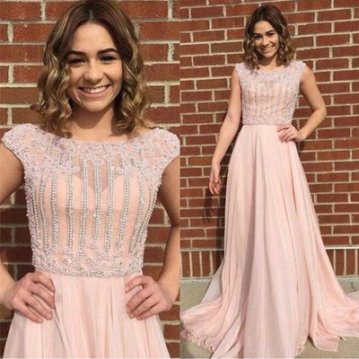 Gorgeous champagne/pink/blue chiffon beaded long prom dresses - Thumbnail 5