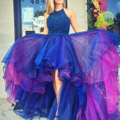 Glamorous high low halter royal blue organza prom/party dress with beading ruffles - Thumbnail 5