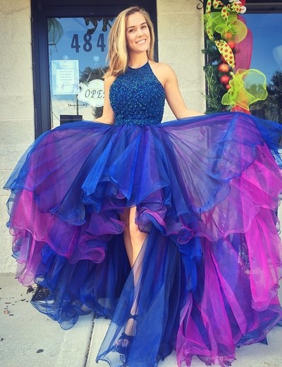 Glamorous High Low Halter Royal Blue Organza Prom/Party Dress with Beading Ruffles