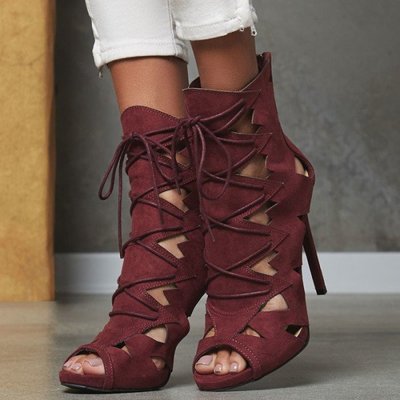 Hollow Out Peep Toe Lace Up Ankle Boot Stiletto High Heel Sandals Q-0039